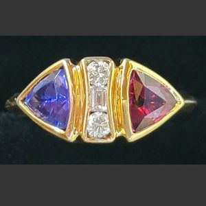 14K Gold Pink Garnet Tanzanite Diamond Band Ring Estate Jewelry